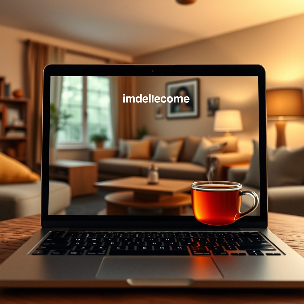 A warmly lit living room with a comfortable sofa and a cup of steaming tea on a wooden table, seen through a laptop screen, symbolizing a welcoming homepage.