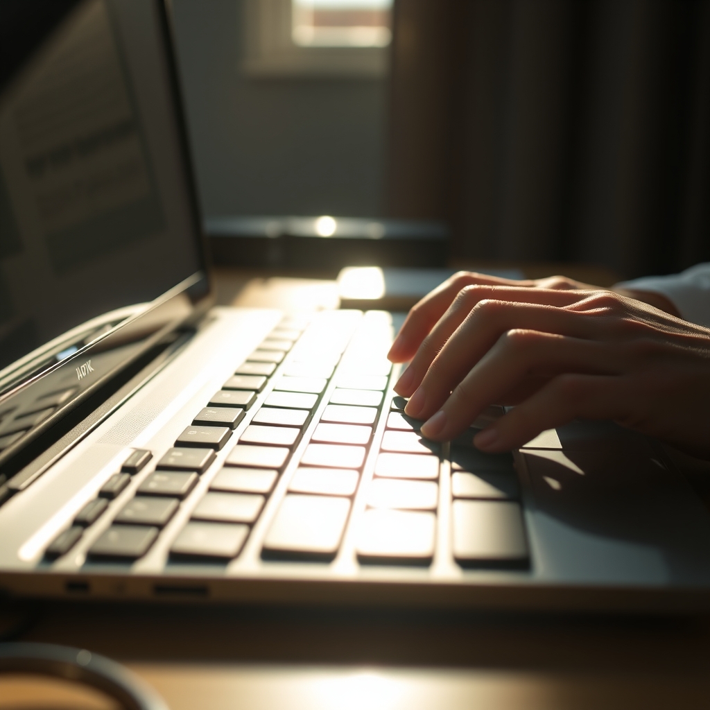 A close-up of hands typing on a keyboard, with soft sunlight streaming onto the desk, creating a gentle and trustworthy atmosphere.