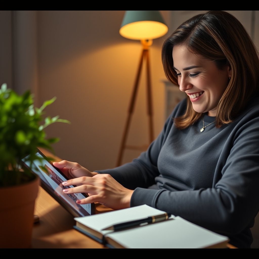 A person smiling while looking at a website on a tablet, with a plant and a notebook beside them, conveying a feeling of comfort and connection.